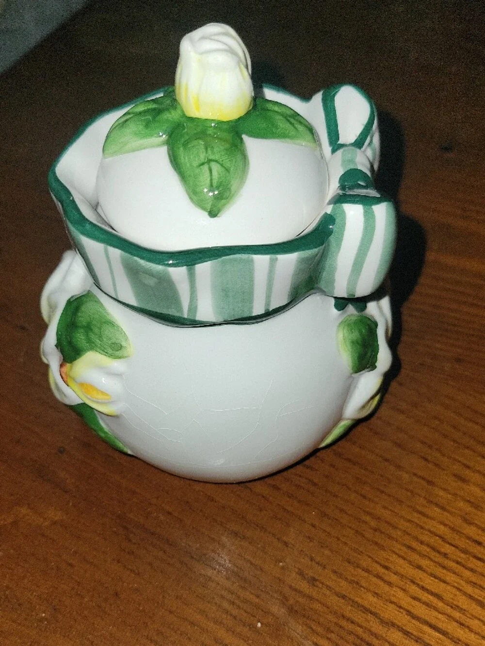 Young's Exclusive Sugar Or Jam Jar White Ceramic Floral  with Green Bow